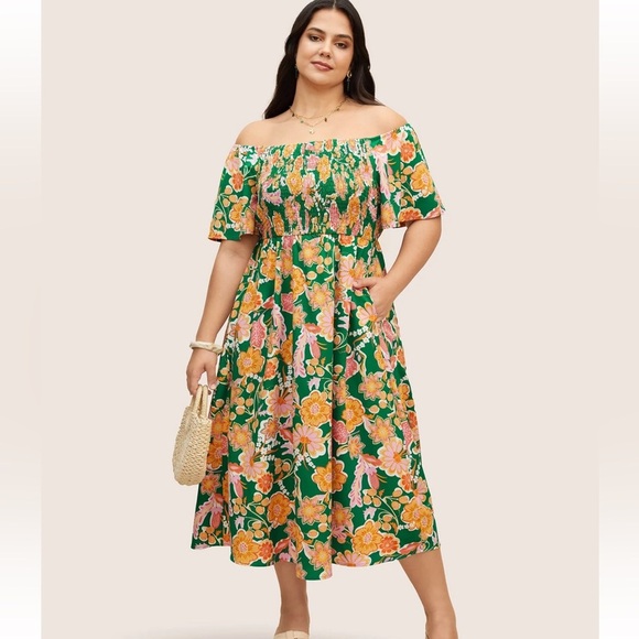 BloomChic Plus Size 2XL Floral Shirred Off Shoulder Flutter Sleeve Dress us18-20 - Picture 1 of 8